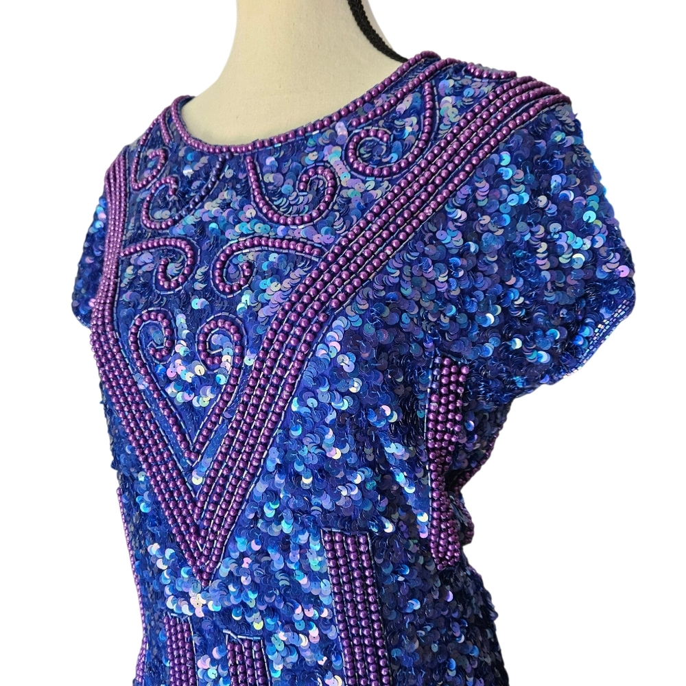 Vintage Silk Blue Beaded Sequin Top Petite XL - Picture 2 of 14